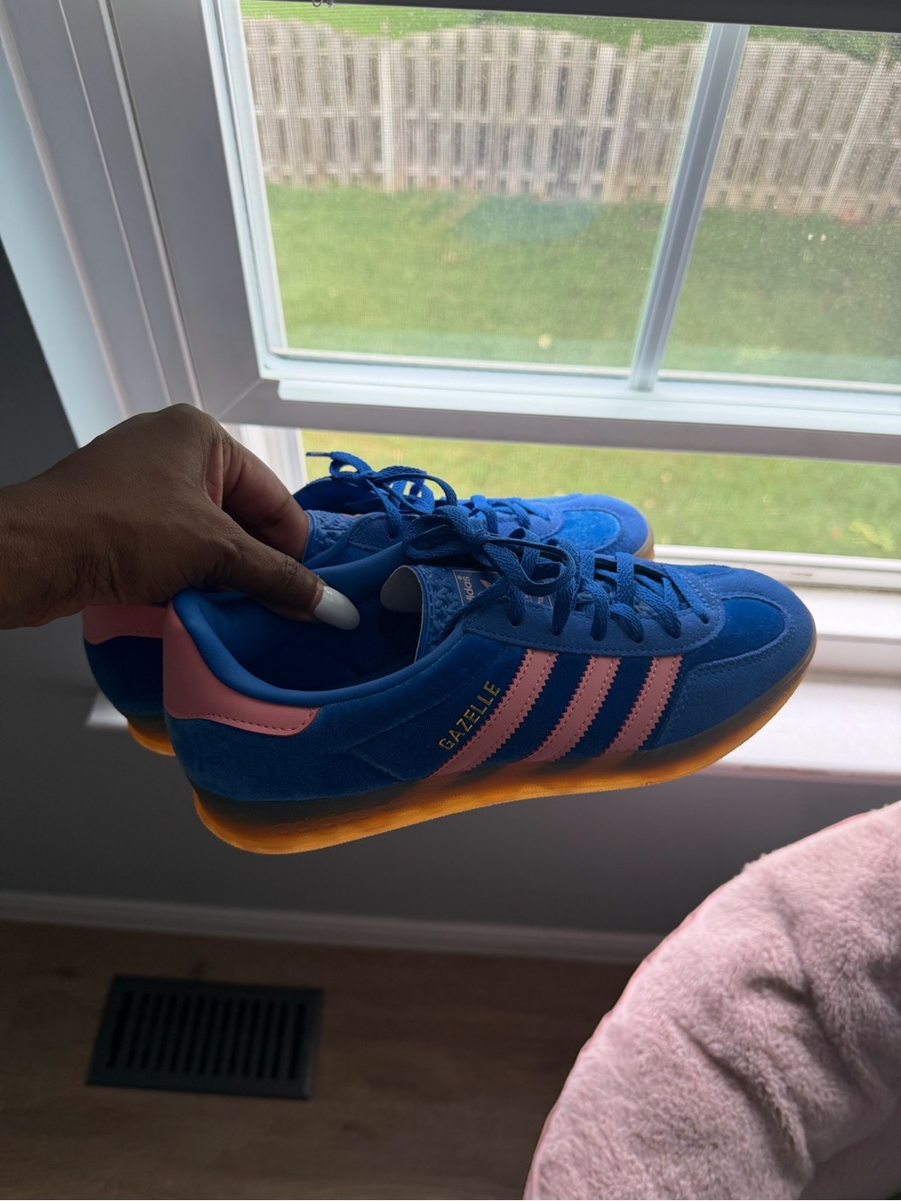 Adidas Blue Suede / Pink Gazelle Sneakers with  gum sole.